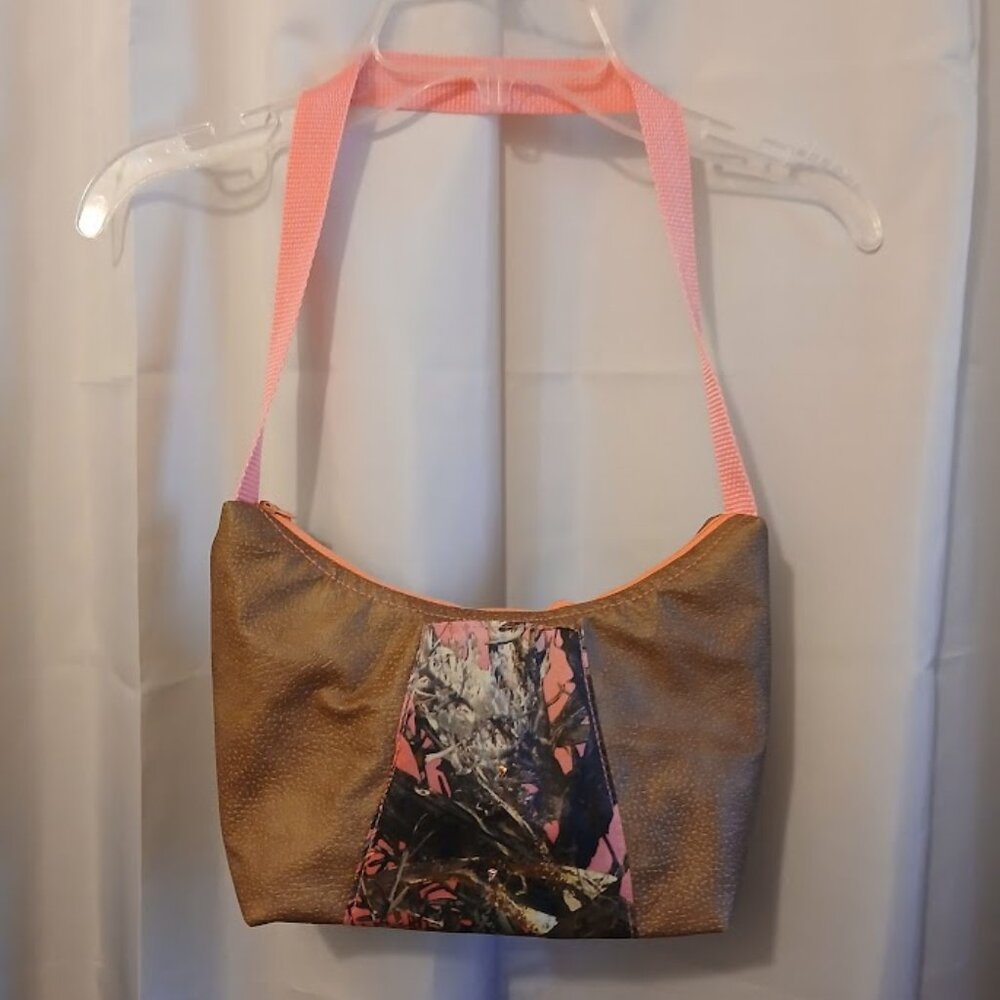 New Vinyl Camo Top handle Shoulder Bag Purse Hot Pink Brown Crescent Baguette